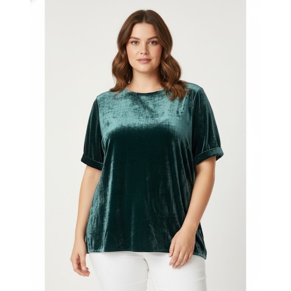 NWT Eileen Fisher Round Neck Short Sleeve Top in Pink Green Velvet Blouse 1X
